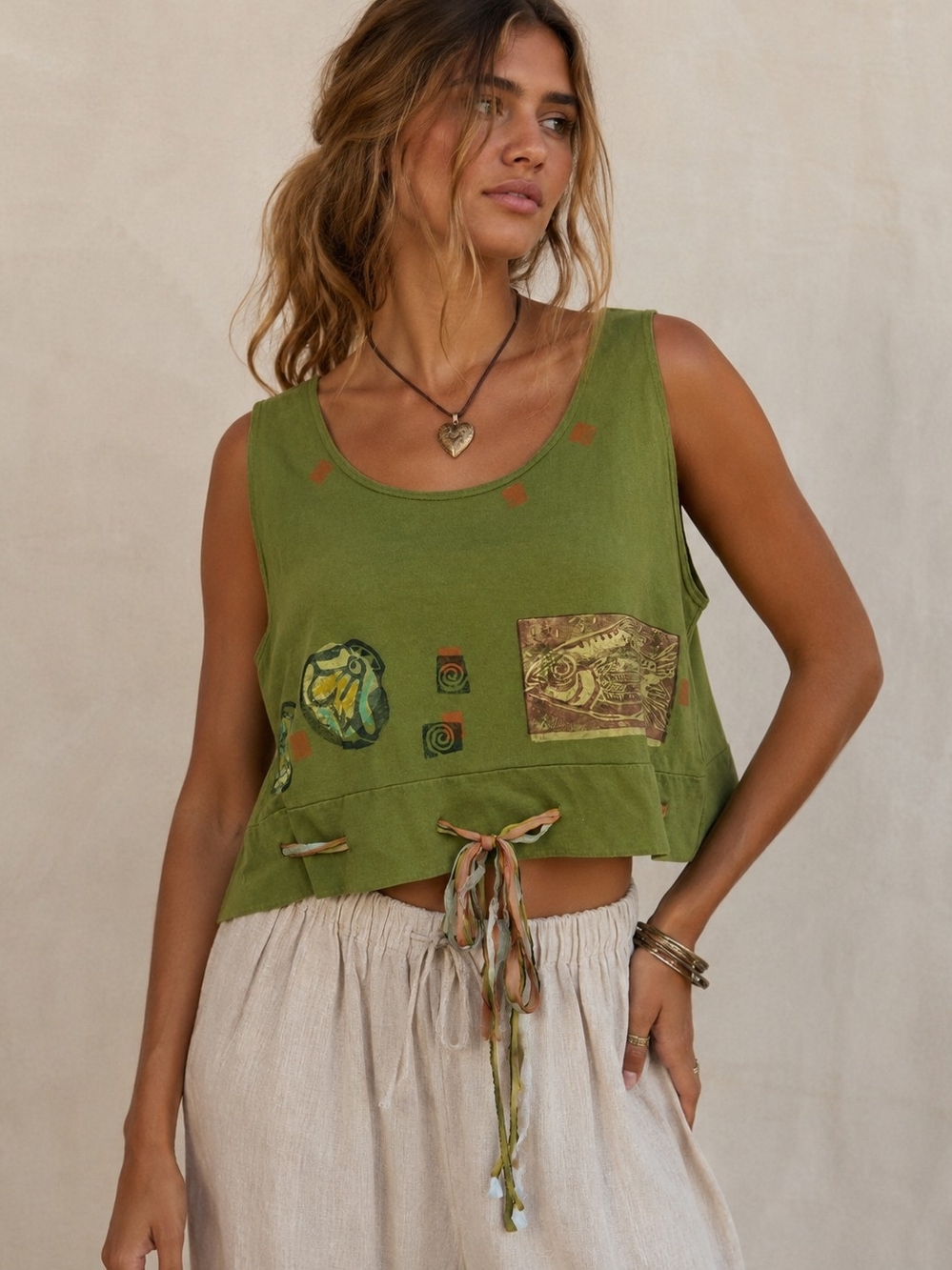 Vintage Blue Fish Langen Look Hand-Printed Cotton Cropped Slouchy Tank Top M/L